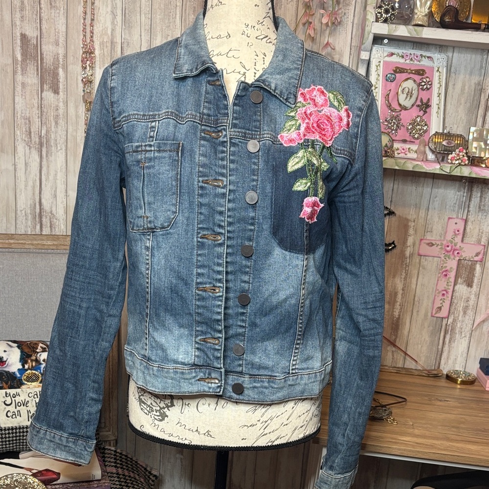 Kut from the Kloth Blue Denim Jacket with Pink Floral Embroidery